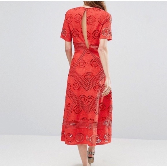 ASOS Premium Broderie Fabric Lace Eyelet Cocktail Red Cotton Midi Dress US 4 - Picture 11 of 12
